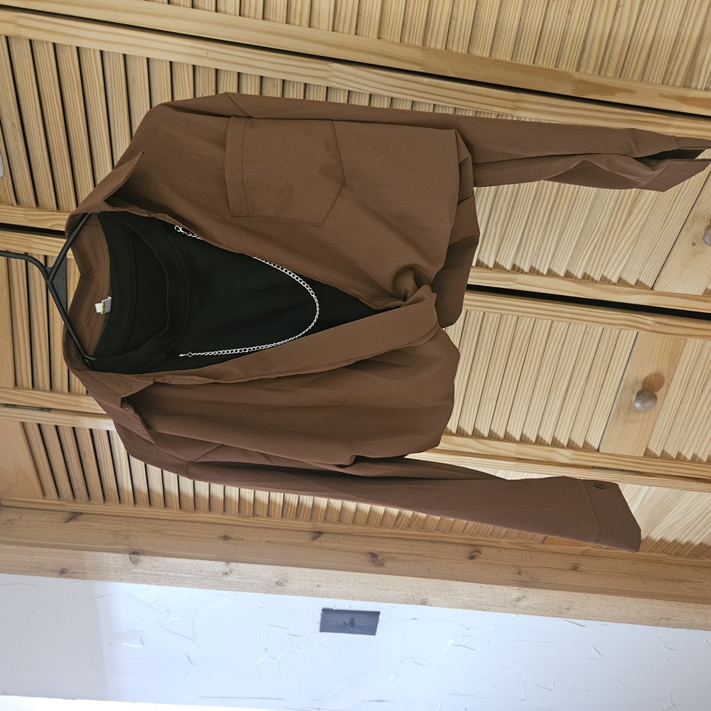 Brown Wrap Blouse with Notched Collar and Black Accents